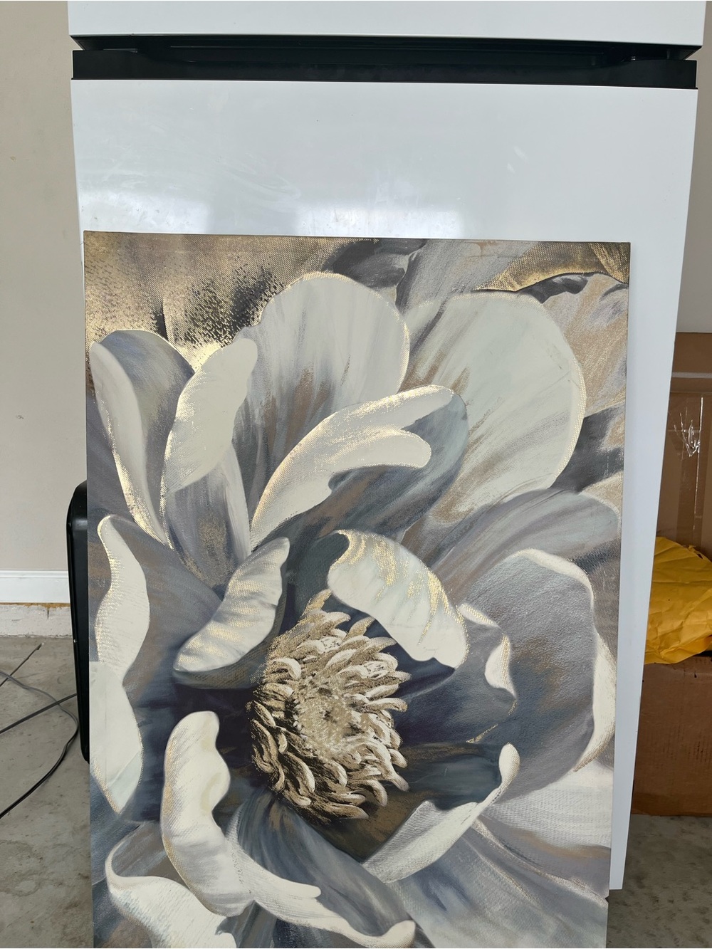 Gold-Accent Neutral Floral Canvas Wall Art in White and Gray